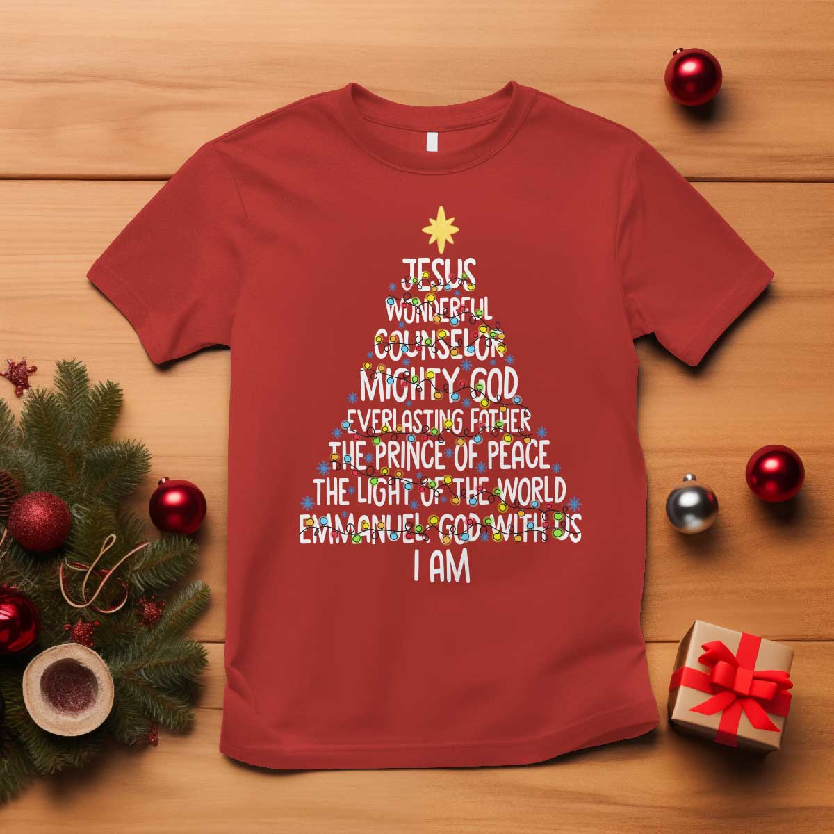 Christian Christmas T Shirt Jesus Wonderful Counselor Mighty God Xmas Tree TS11 Red Print Your Wear