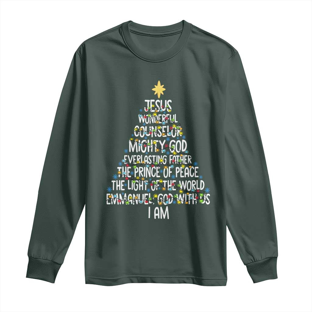 Christian Christmas Long Sleeve Shirt Jesus Wonderful Counselor Mighty God Xmas Tree TS11 Dark Forest Green Print Your Wear