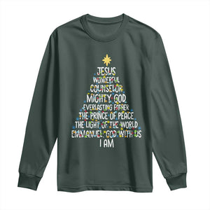 Christian Christmas Long Sleeve Shirt Jesus Wonderful Counselor Mighty God Xmas Tree TS11 Dark Forest Green Print Your Wear