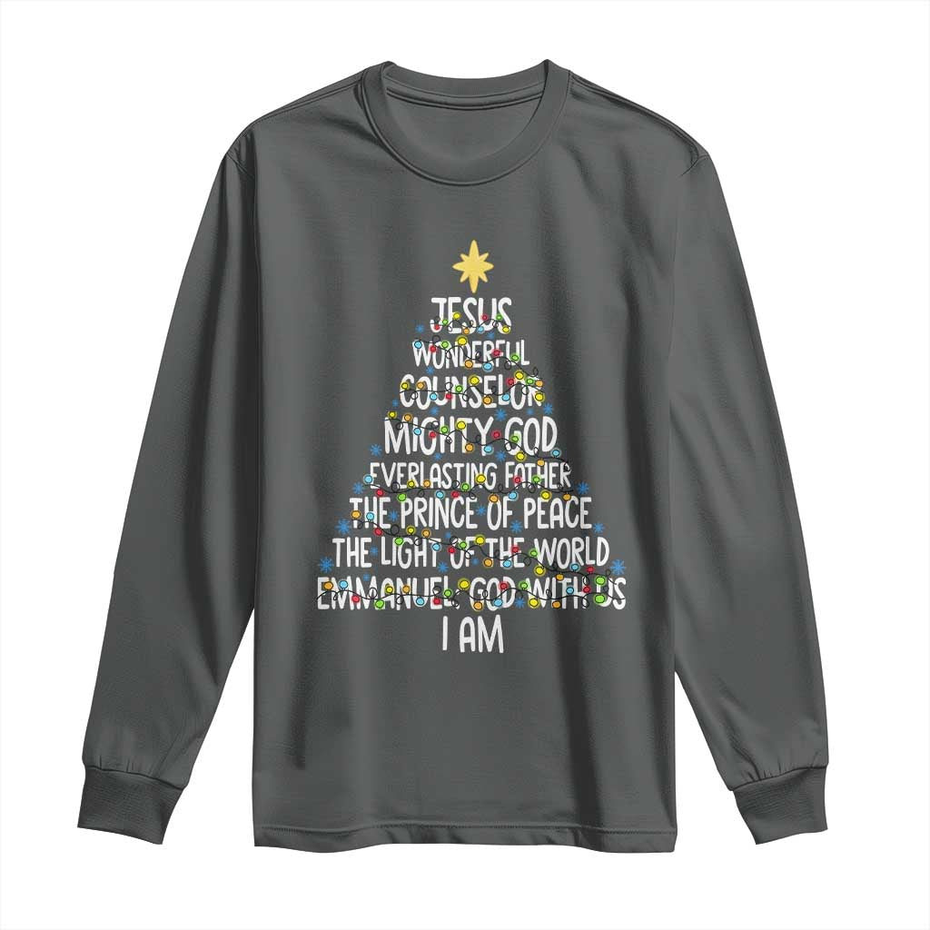 Christian Christmas Long Sleeve Shirt Jesus Wonderful Counselor Mighty God Xmas Tree TS11 Dark Heather Print Your Wear