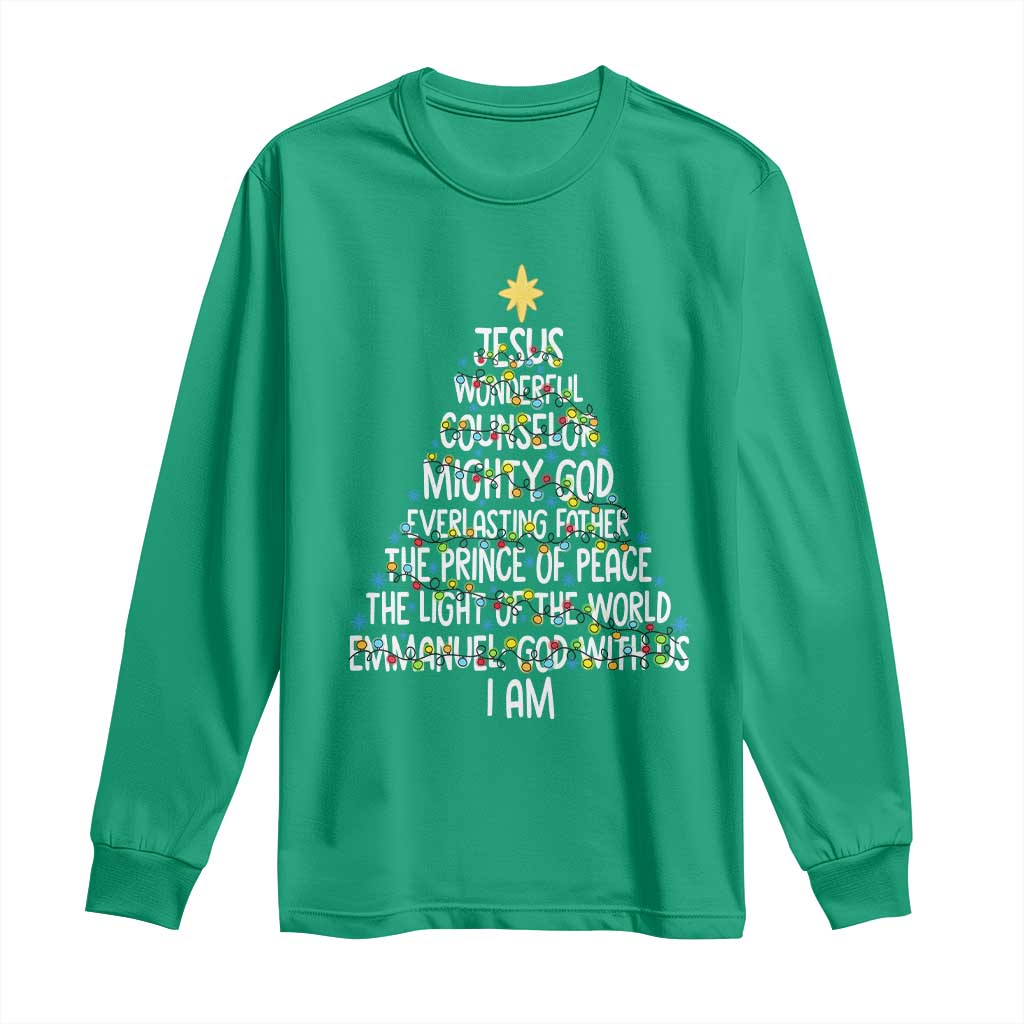 Christian Christmas Long Sleeve Shirt Jesus Wonderful Counselor Mighty God Xmas Tree TS11 Irish Green Print Your Wear