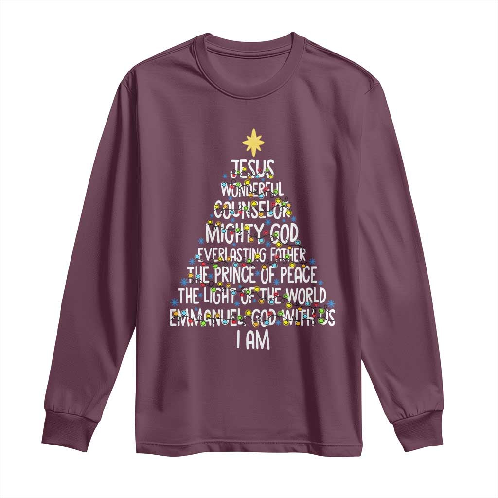 Christian Christmas Long Sleeve Shirt Jesus Wonderful Counselor Mighty God Xmas Tree TS11 Maroon Print Your Wear