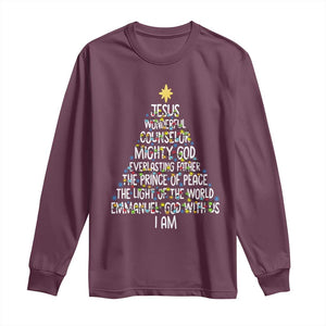 Christian Christmas Long Sleeve Shirt Jesus Wonderful Counselor Mighty God Xmas Tree TS11 Maroon Print Your Wear