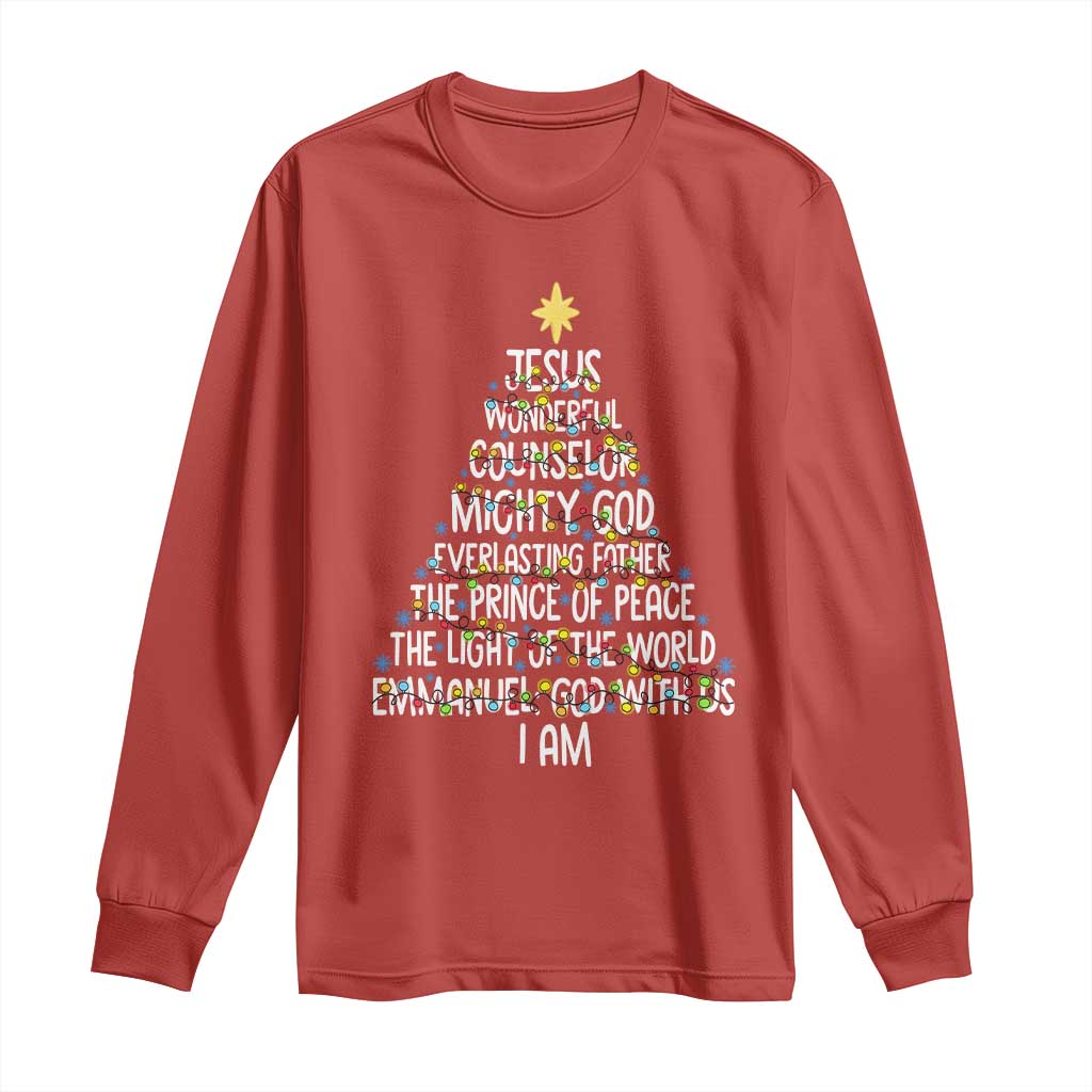 Christian Christmas Long Sleeve Shirt Jesus Wonderful Counselor Mighty God Xmas Tree TS11 Red Print Your Wear