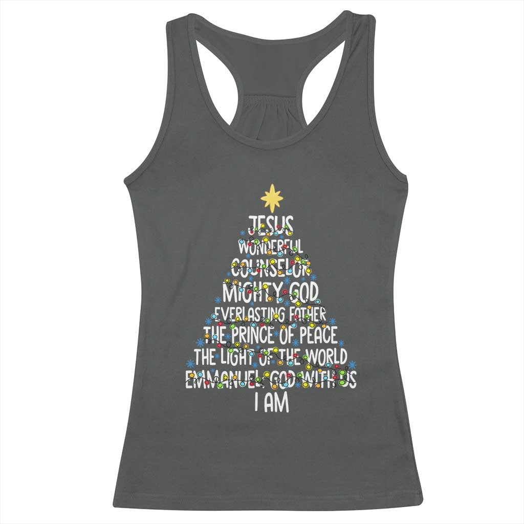 Christian Christmas Racerback Tank Top Jesus Wonderful Counselor Mighty God Xmas Tree TS11 Dark Heather Print Your Wear