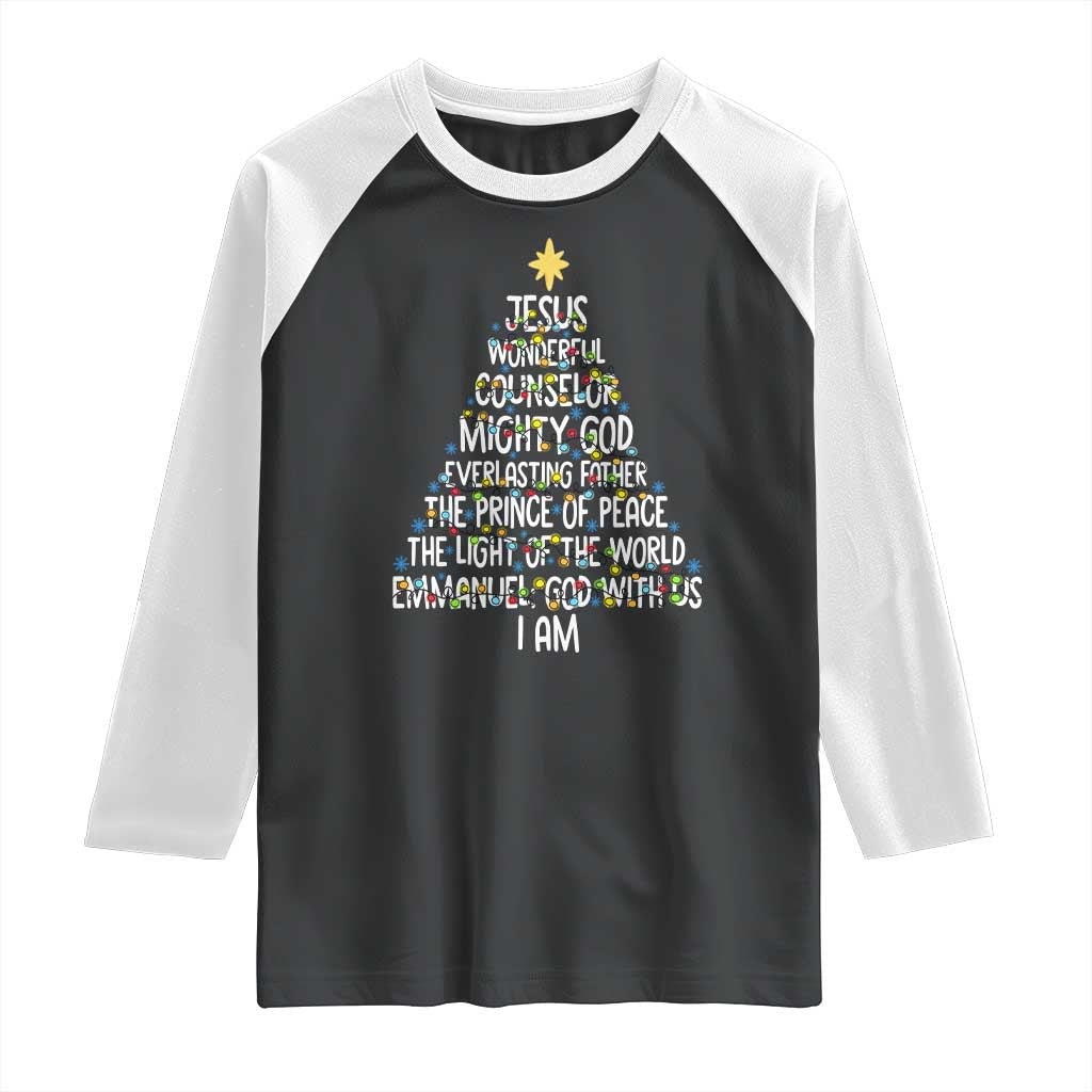 Christian Christmas Raglan Shirt Jesus Wonderful Counselor Mighty God Xmas Tree TS11 Black White Print Your Wear