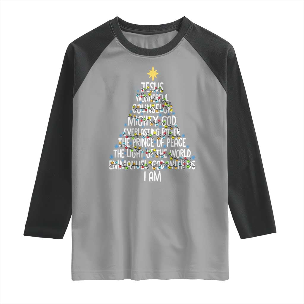 Christian Christmas Raglan Shirt Jesus Wonderful Counselor Mighty God Xmas Tree TS11 Sport Gray Black Print Your Wear