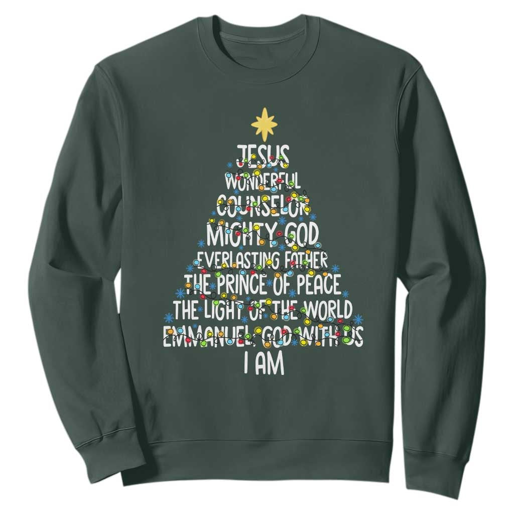 Christian Christmas Sweatshirt Jesus Wonderful Counselor Mighty God Xmas Tree TS11 Dark Forest Green Print Your Wear