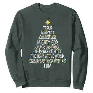 Christian Christmas Sweatshirt Jesus Wonderful Counselor Mighty God Xmas Tree TS11 Dark Forest Green Print Your Wear