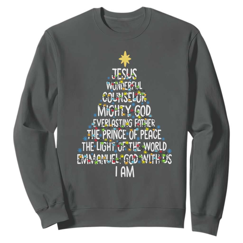 Christian Christmas Sweatshirt Jesus Wonderful Counselor Mighty God Xmas Tree TS11 Dark Heather Print Your Wear