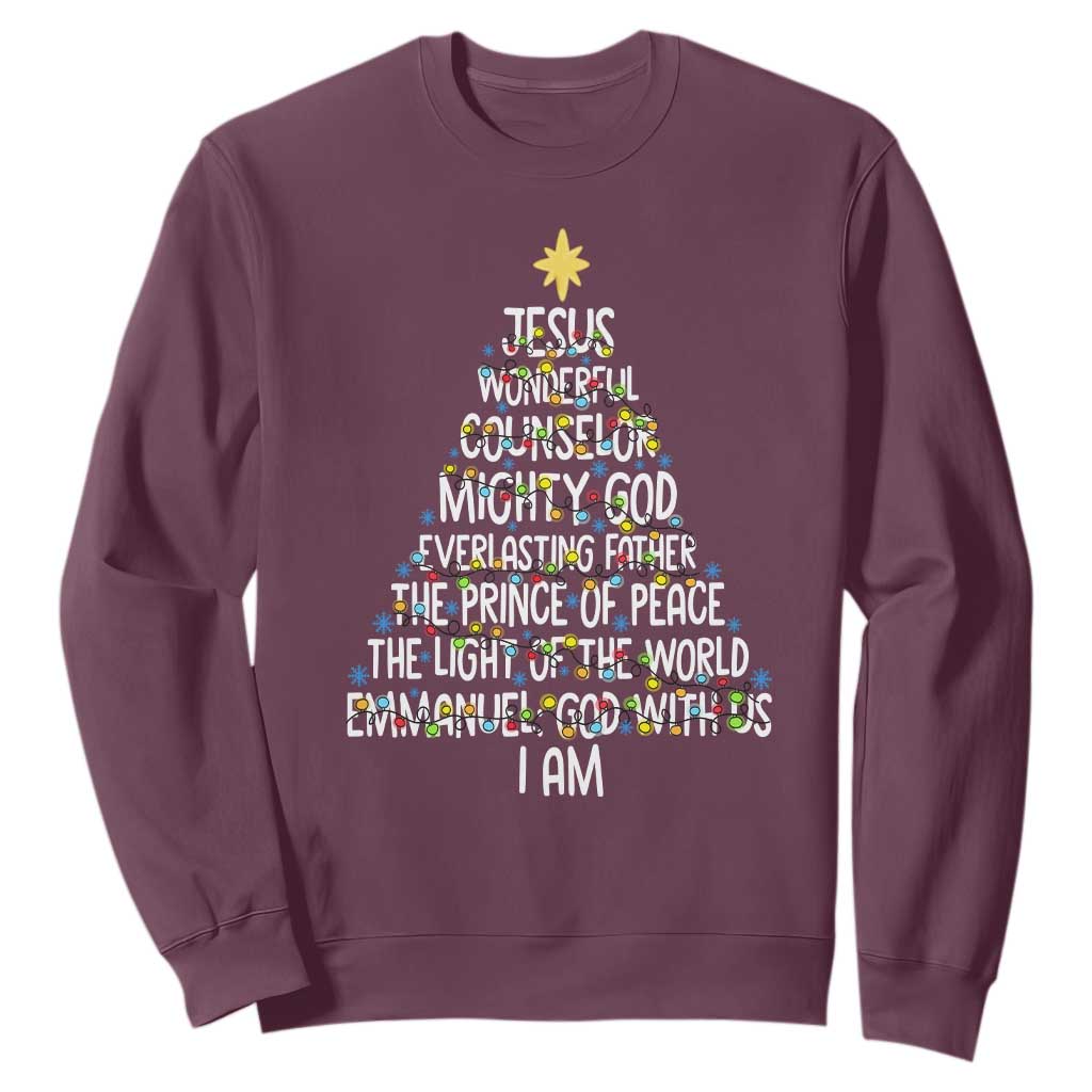 Christian Christmas Sweatshirt Jesus Wonderful Counselor Mighty God Xmas Tree TS11 Maroon Print Your Wear