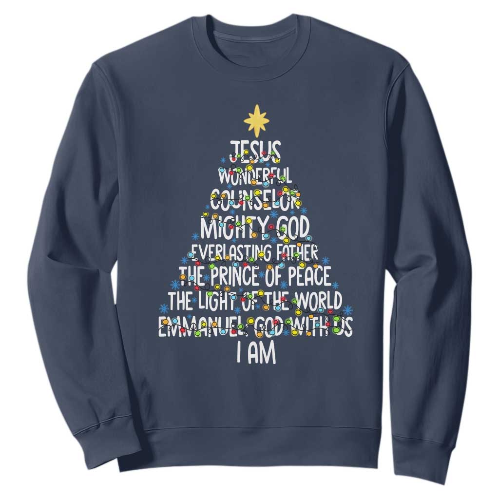 Christian Christmas Sweatshirt Jesus Wonderful Counselor Mighty God Xmas Tree TS11 Navy Print Your Wear