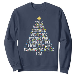 Christian Christmas Sweatshirt Jesus Wonderful Counselor Mighty God Xmas Tree TS11 Navy Print Your Wear