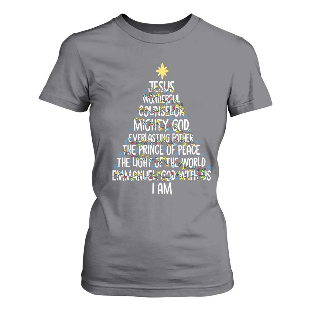 Christian Christmas T Shirt For Women Jesus Wonderful Counselor Mighty God Xmas Tree TS11 Charcoal Print Your Wear