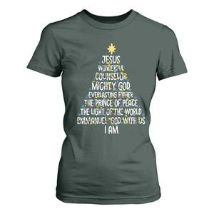 Christian Christmas T Shirt For Women Jesus Wonderful Counselor Mighty God Xmas Tree TS11 Dark Forest Green Print Your Wear