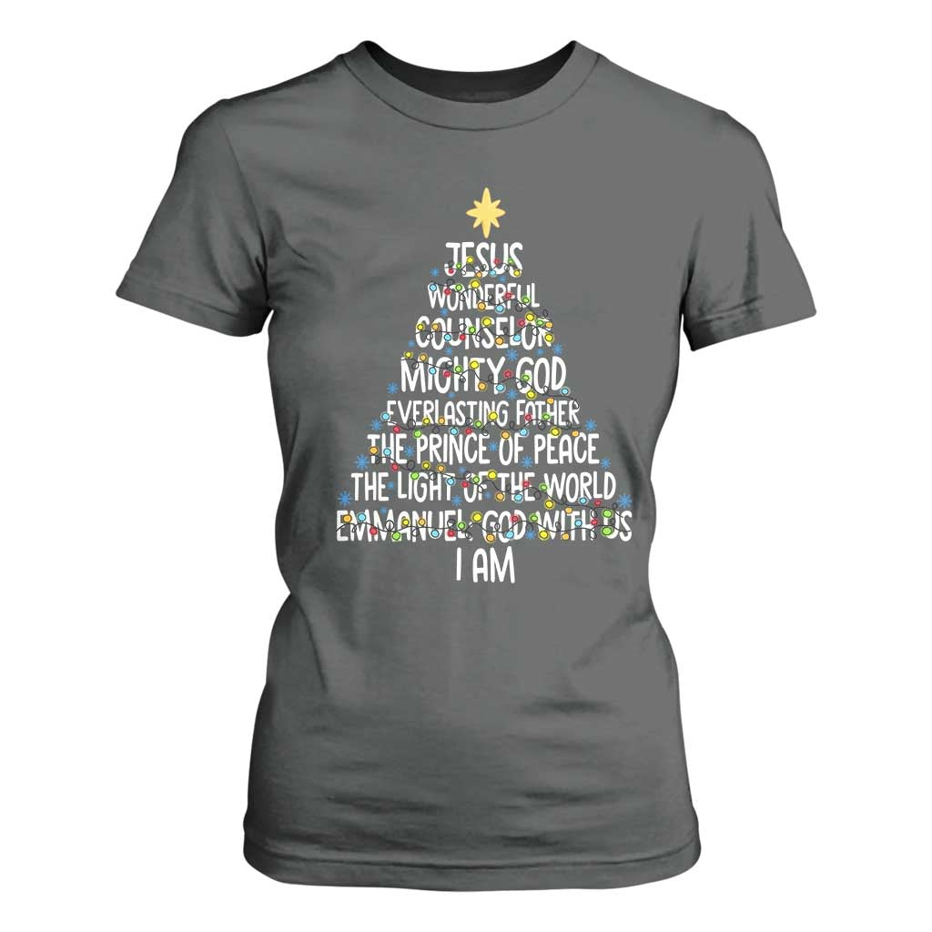 Christian Christmas T Shirt For Women Jesus Wonderful Counselor Mighty God Xmas Tree TS11 Dark Heather Print Your Wear