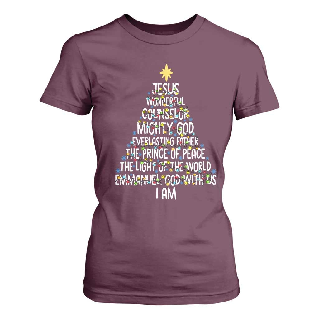 Christian Christmas T Shirt For Women Jesus Wonderful Counselor Mighty God Xmas Tree TS11 Maroon Print Your Wear