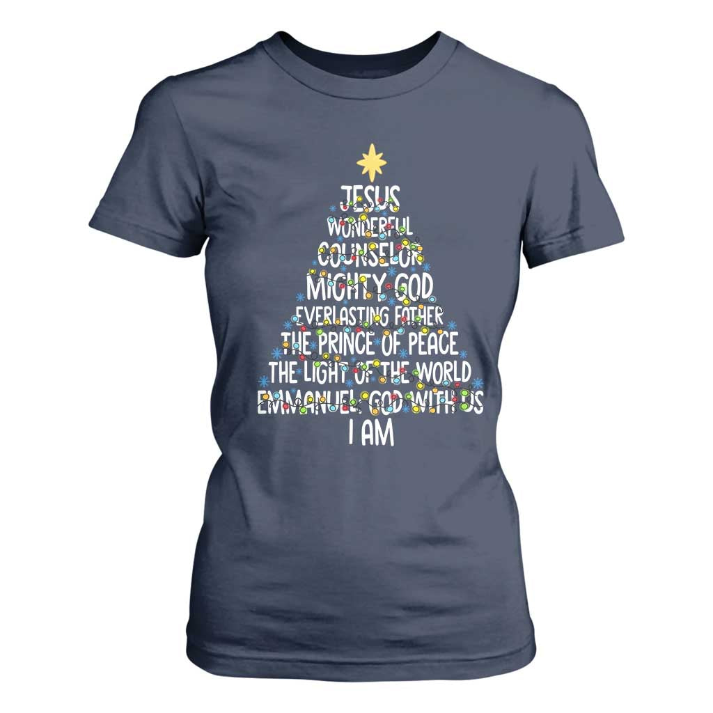 Christian Christmas T Shirt For Women Jesus Wonderful Counselor Mighty God Xmas Tree TS11 Navy Print Your Wear