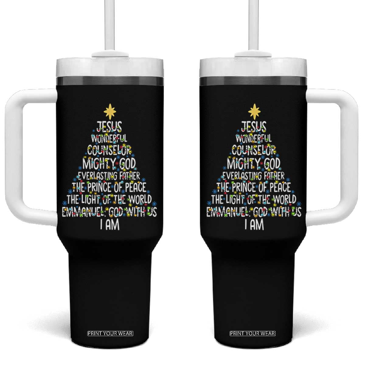 Christian Christmas Tumbler With Handle Jesus Wonderful Counselor Mighty God Xmas Tree TS11 One Size: 40 oz Black Print Your Wear