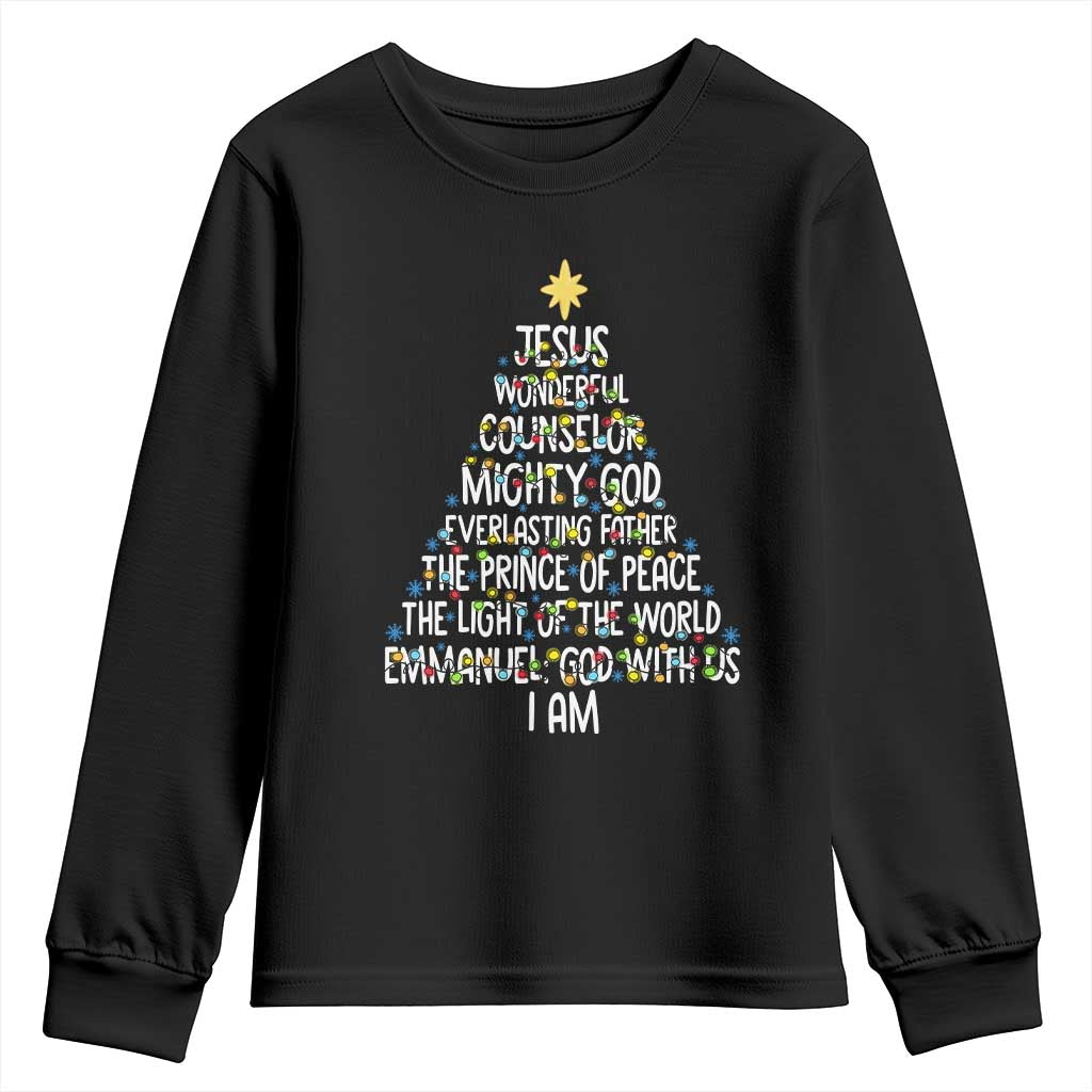 Christian Christmas Youth Sweatshirt Jesus Wonderful Counselor Mighty God Xmas Tree TS11 Black Print Your Wear