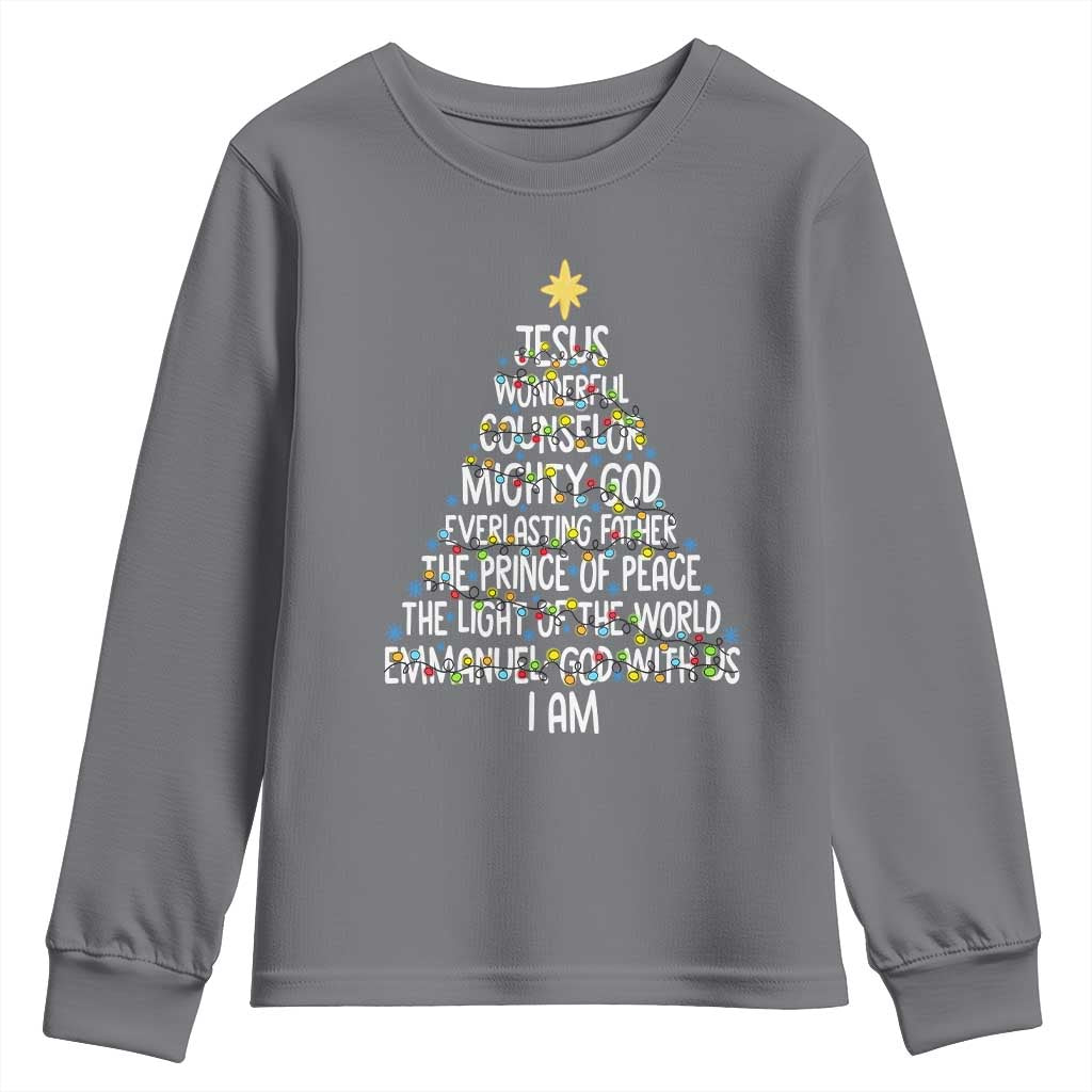 Christian Christmas Youth Sweatshirt Jesus Wonderful Counselor Mighty God Xmas Tree TS11 Charcoal Print Your Wear
