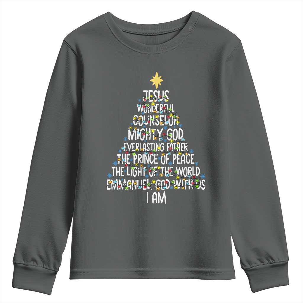 Christian Christmas Youth Sweatshirt Jesus Wonderful Counselor Mighty God Xmas Tree TS11 Dark Heather Print Your Wear