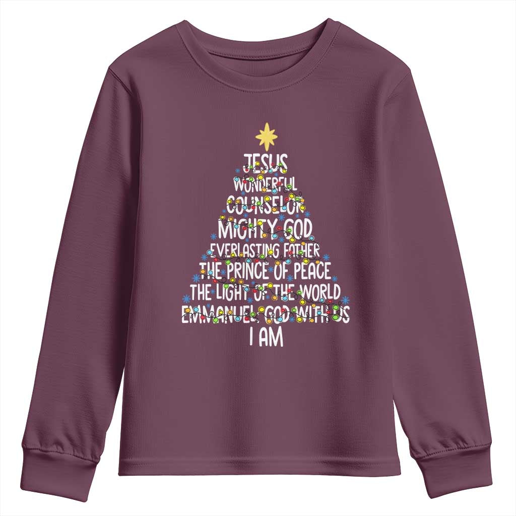 Christian Christmas Youth Sweatshirt Jesus Wonderful Counselor Mighty God Xmas Tree TS11 Maroon Print Your Wear