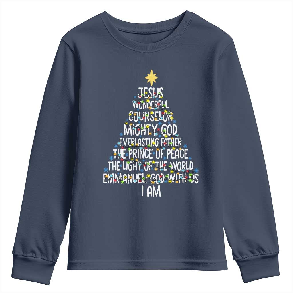 Christian Christmas Youth Sweatshirt Jesus Wonderful Counselor Mighty God Xmas Tree TS11 Navy Print Your Wear