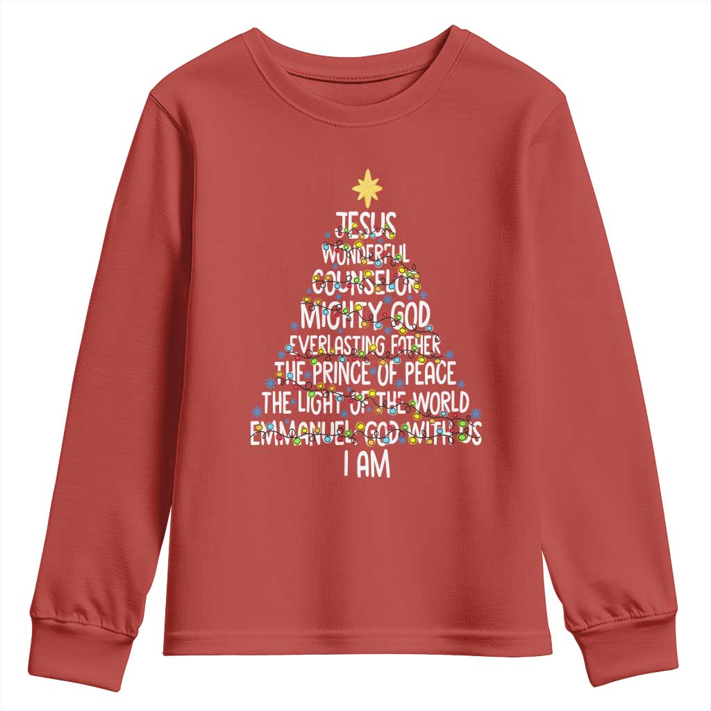 Christian Christmas Youth Sweatshirt Jesus Wonderful Counselor Mighty God Xmas Tree TS11 Red Print Your Wear