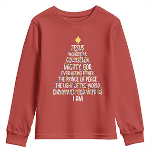 Christian Christmas Youth Sweatshirt Jesus Wonderful Counselor Mighty God Xmas Tree TS11 Red Print Your Wear