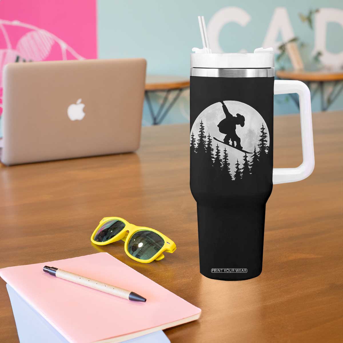 Funny Snowboard Cowboy Moon Snowboarding Winter Sports Tumbler With Handle TS11 Print Your Wear