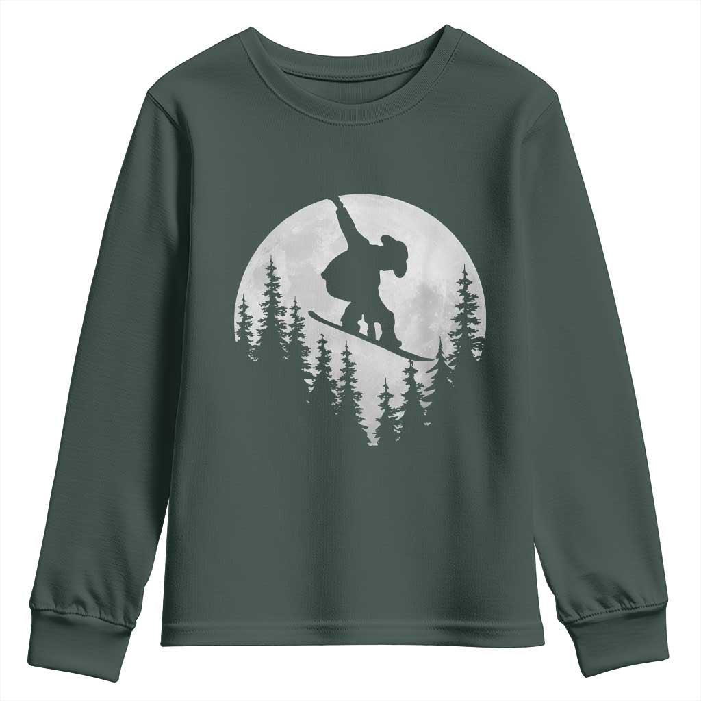Funny Snowboard Cowboy Moon Snowboarding Winter Sports Youth Sweatshirt TS11 Dark Forest Green Print Your Wear