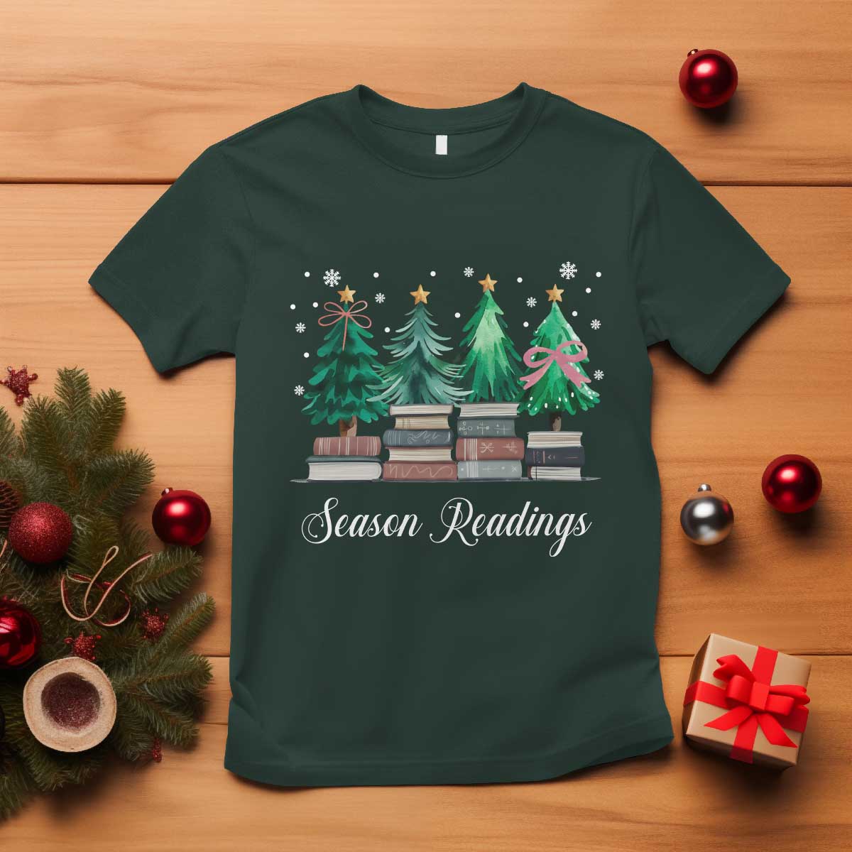 Funny Christmas Book T Shirt Season Readings Xmas Tree Bookworm Teacher Librarian TS11 Dark Forest Green Print Your Wear
