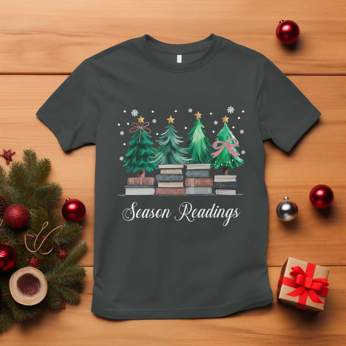 Funny Christmas Book T Shirt Season Readings Xmas Tree Bookworm Teacher Librarian TS11 Dark Heather Print Your Wear