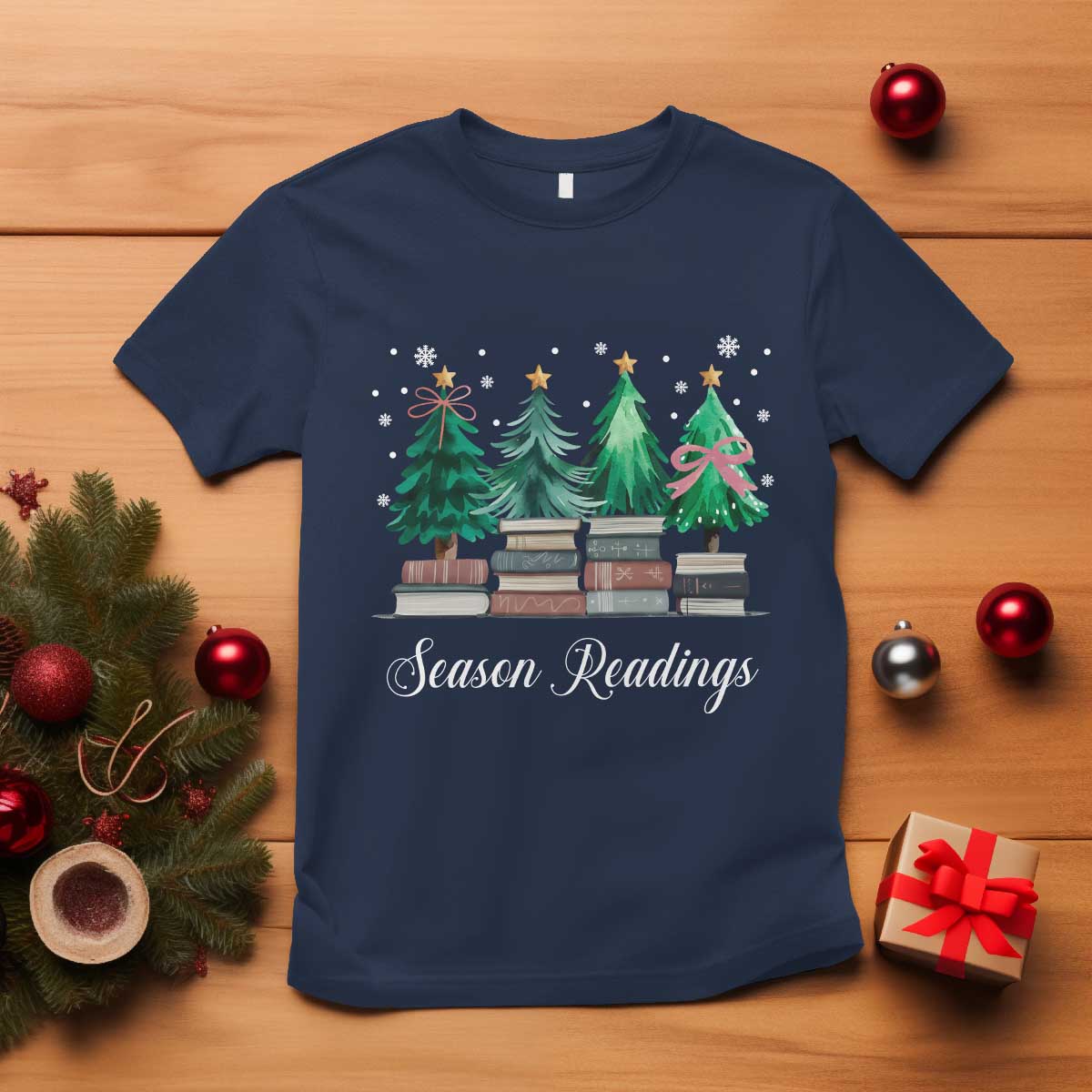 Funny Christmas Book T Shirt Season Readings Xmas Tree Bookworm Teacher Librarian TS11 Navy Print Your Wear