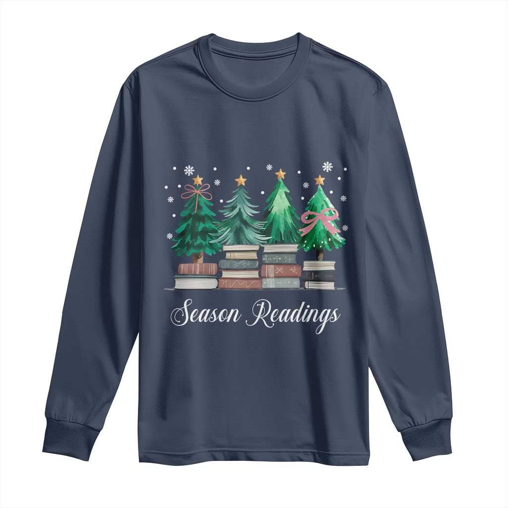 Funny Christmas Book Long Sleeve Shirt Season Readings Xmas Tree Bookworm Teacher Librarian TS11 Navy Print Your Wear