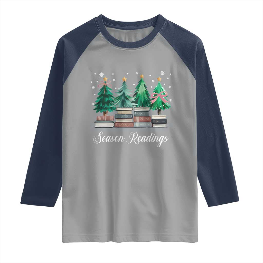 Funny Christmas Book Raglan Shirt Season Readings Xmas Tree Bookworm Teacher Librarian TS11 Sport Gray Navy Print Your Wear