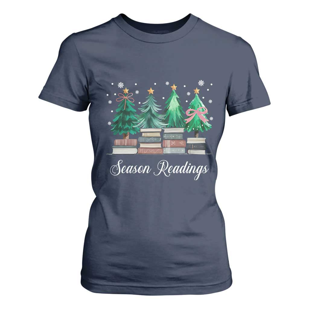 Funny Christmas Book T Shirt For Women Season Readings Xmas Tree Bookworm Teacher Librarian TS11 Navy Print Your Wear