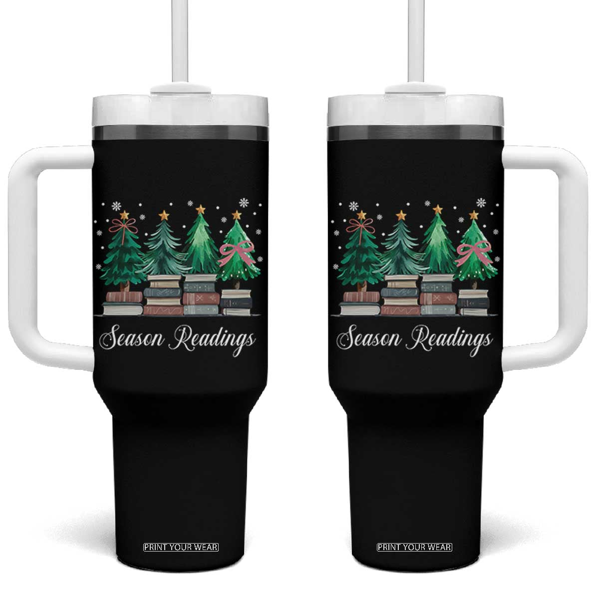 Funny Christmas Book Tumbler With Handle Season Readings Xmas Tree Bookworm Teacher Librarian TS11 One Size: 40 oz Black Print Your Wear