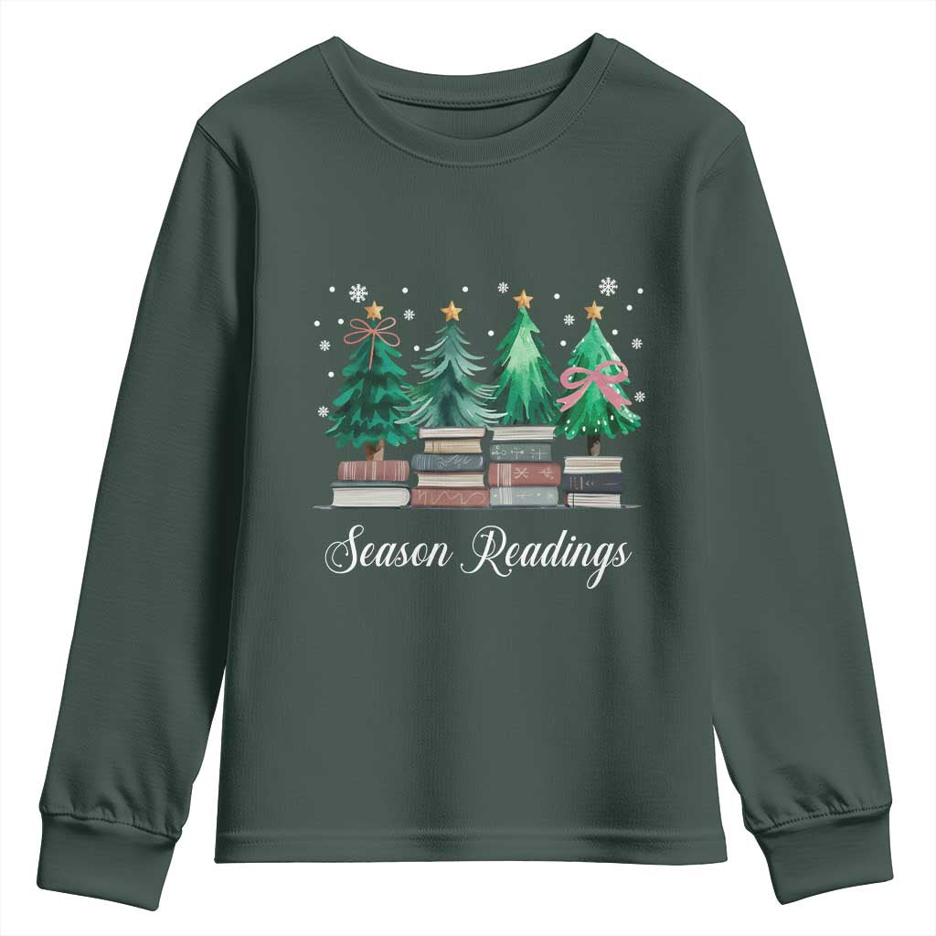 Funny Christmas Book Youth Sweatshirt Season Readings Xmas Tree Bookworm Teacher Librarian TS11 Dark Forest Green Print Your Wear