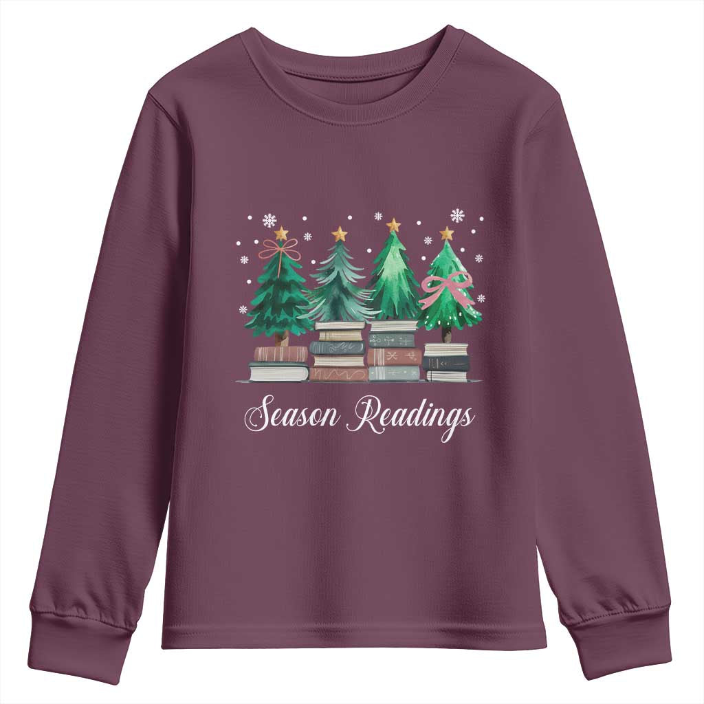 Funny Christmas Book Youth Sweatshirt Season Readings Xmas Tree Bookworm Teacher Librarian TS11 Maroon Print Your Wear