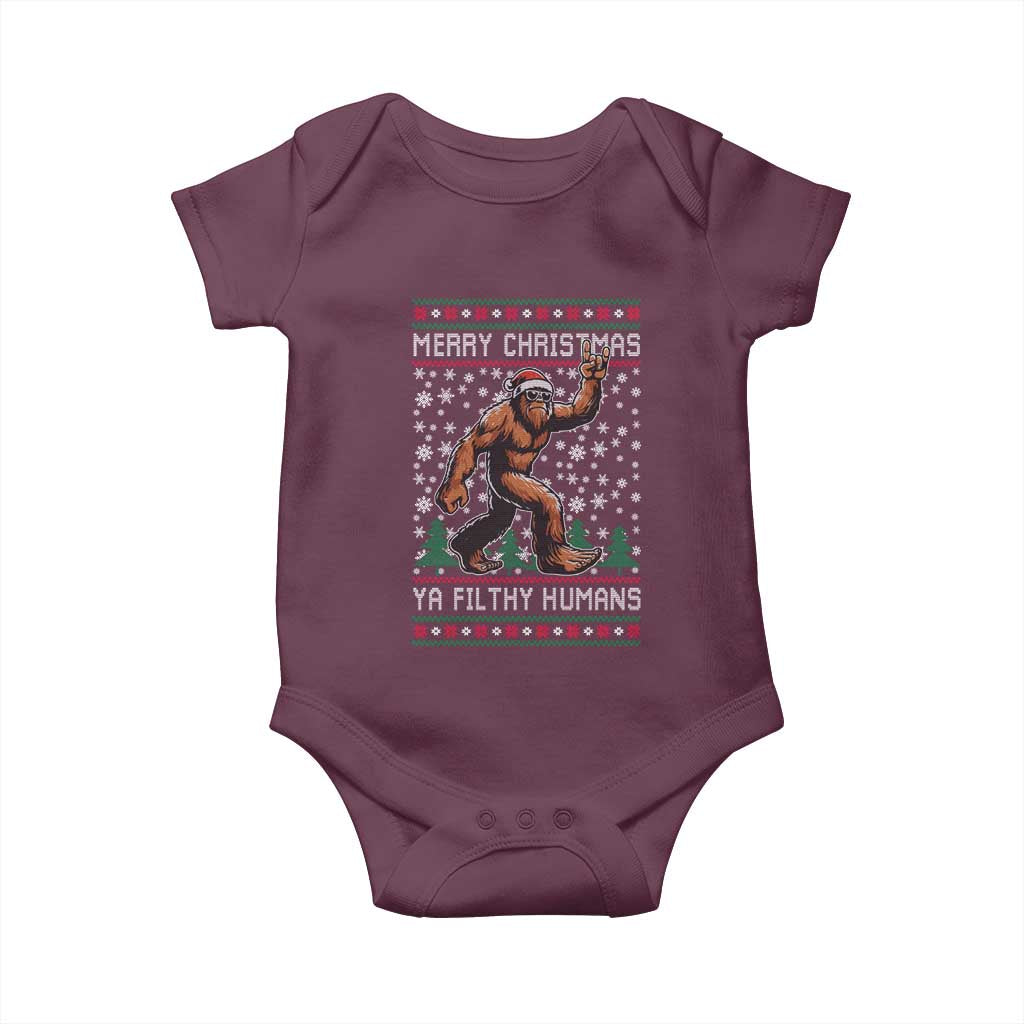 Merry Christmas Ya Filthy Humans Bigfoot Baby Onesie Funny Xmas Sasquatch TS11 Maroon Print Your Wear