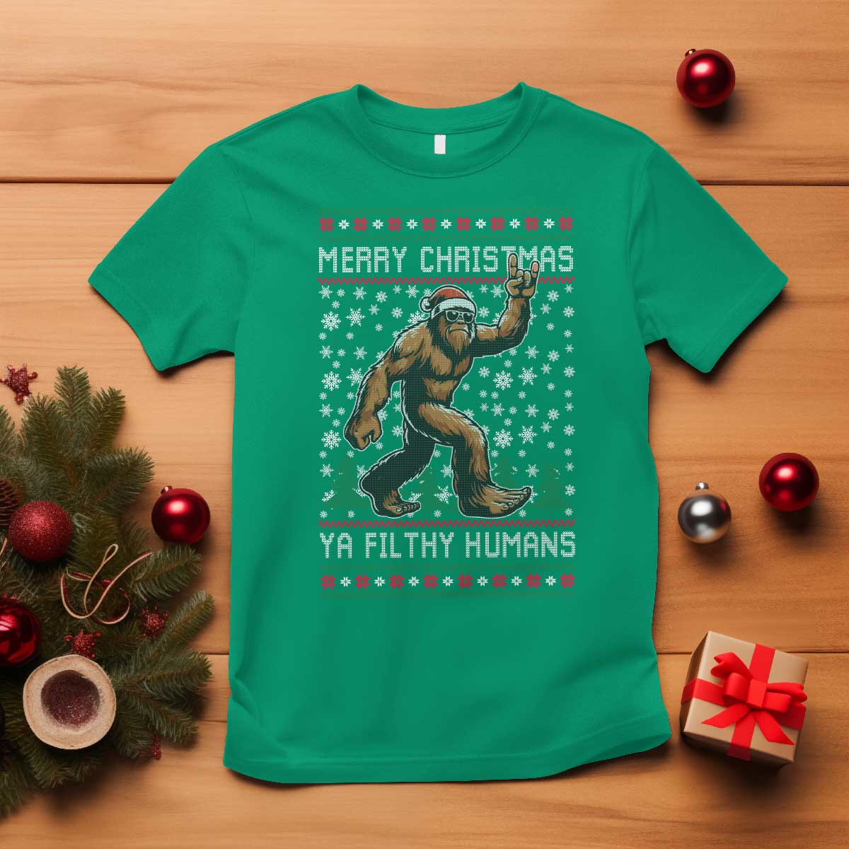 Merry Christmas Ya Filthy Humans Bigfoot T Shirt Funny Xmas Sasquatch TS11 Irish Green Print Your Wear