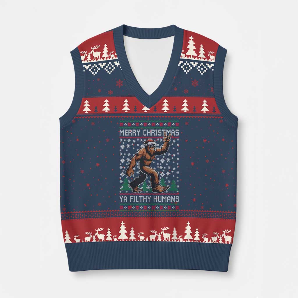 Merry Xmas Ya Filthy Humans Bigfoot V-Neck Knit Sweater Vest Funny Xmas Sasquatch TS11 Navy Red Print Your Wear