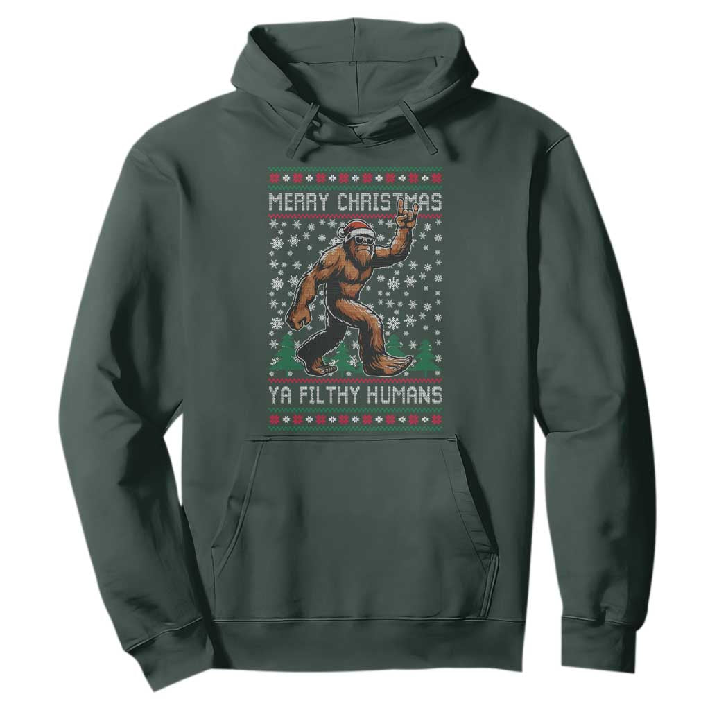 Merry Christmas Ya Filthy Humans Bigfoot Hoodie Funny Xmas Sasquatch TS11 Dark Forest Green Print Your Wear