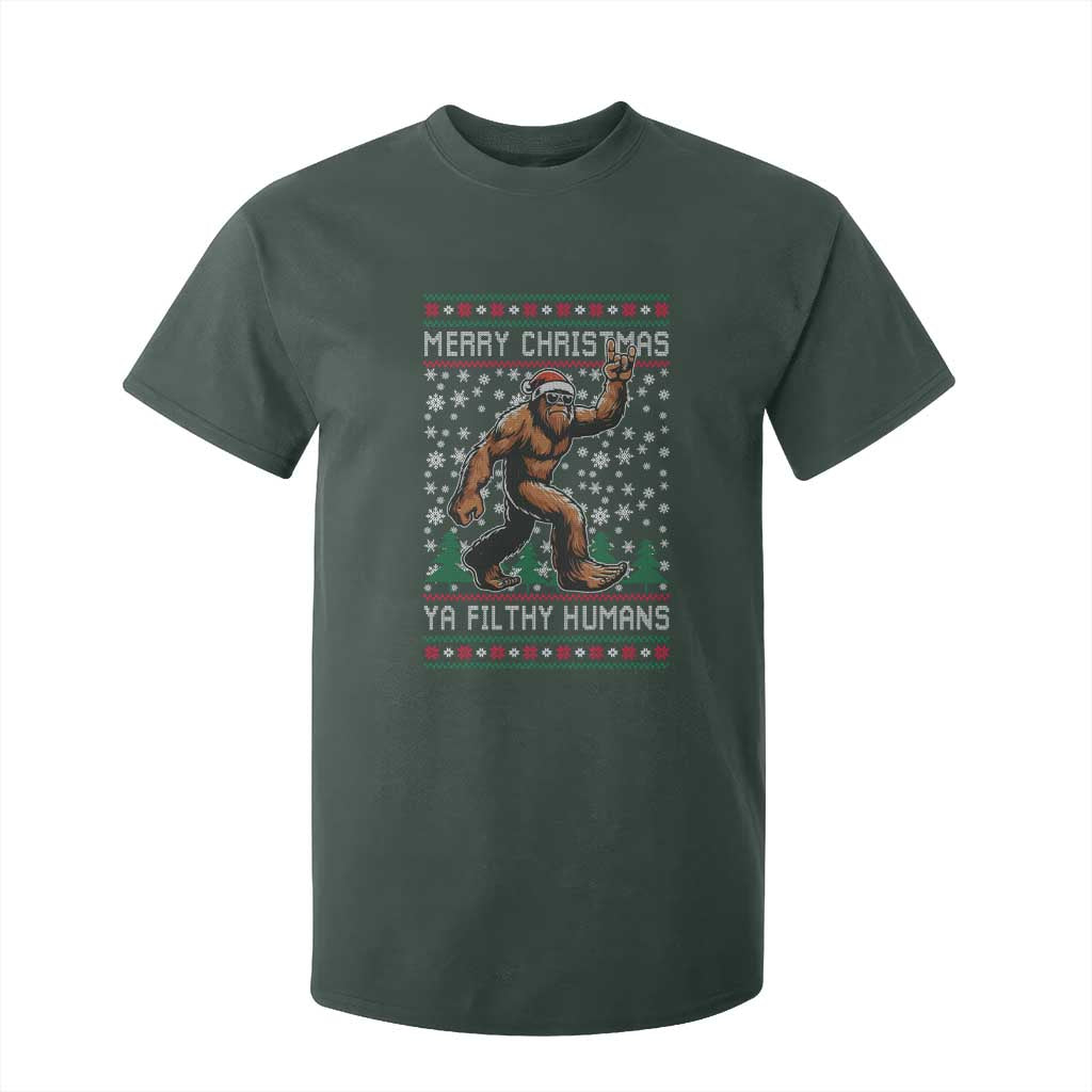 Merry Christmas Ya Filthy Humans Bigfoot T Shirt For Kid Funny Xmas Sasquatch TS11 Dark Forest Green Print Your Wear