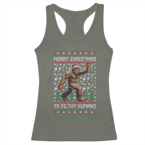 Merry Christmas Ya Filthy Humans Bigfoot Racerback Tank Top Funny Xmas Sasquatch TS11 Military Green Print Your Wear