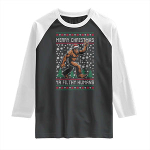 Merry Christmas Ya Filthy Humans Bigfoot Raglan Shirt Funny Xmas Sasquatch TS11 Black White Print Your Wear