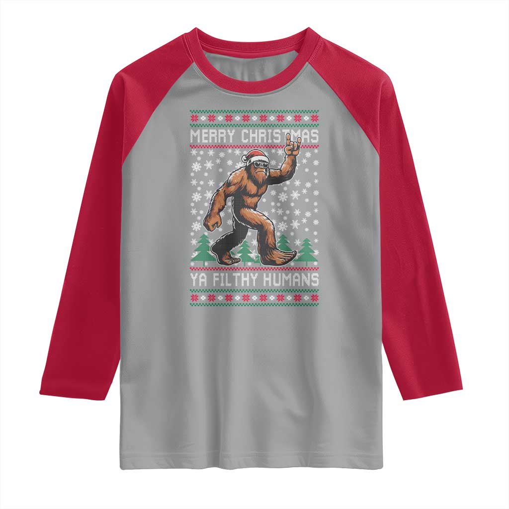 Merry Christmas Ya Filthy Humans Bigfoot Raglan Shirt Funny Xmas Sasquatch TS11 Sport Gray Red Print Your Wear