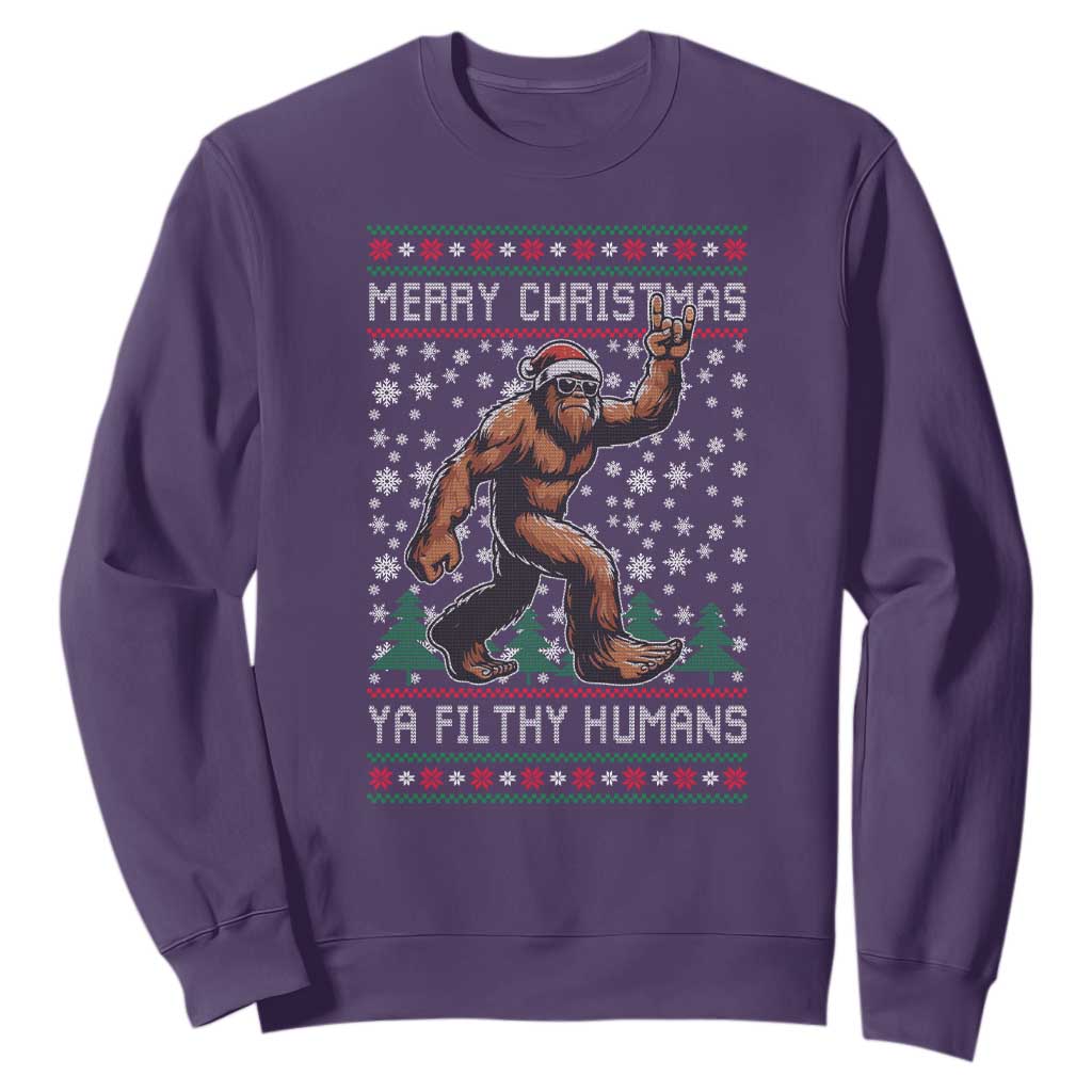 Merry Christmas Ya Filthy Humans Bigfoot Sweatshirt Funny Xmas Sasquatch TS11 Purple Print Your Wear